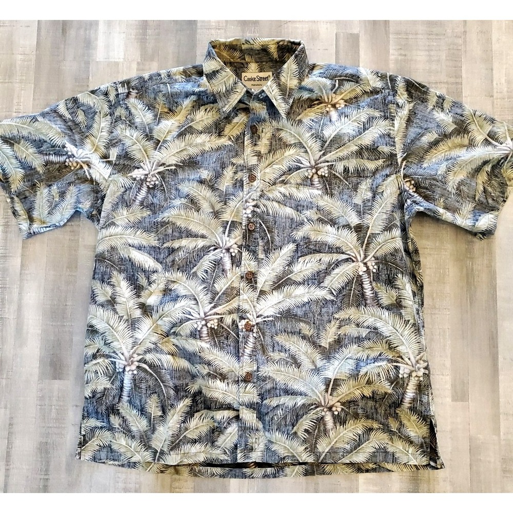 VTG Cooke Street Honolulu Blue Gray all‎ over Print Mens Aloha Shirt XL Hawaii